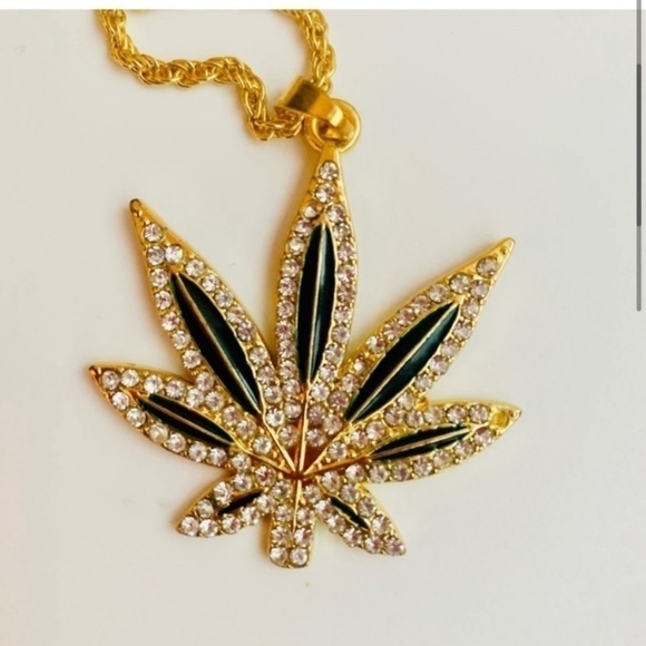 Chain Green Leaf Necklace Diamond Pendant Chain Hip Hip Bling - Picture 4 of 8